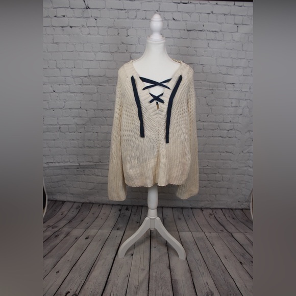 aerie Sweaters - AERIE KNIT CREAM AND NAVY LACE UP SWEATER - Size XL SKU:136